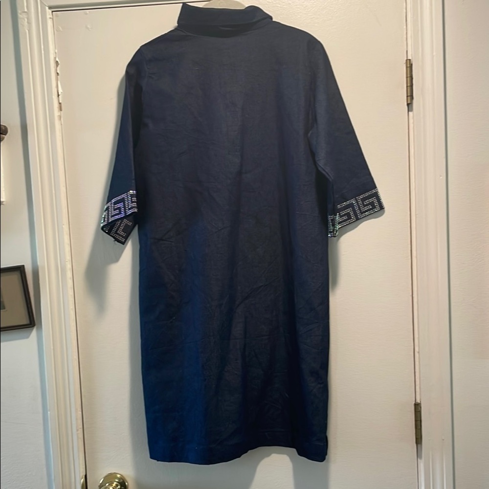 Navy Blue Tunic Designer Inspired Dress with Silver Accents - Picture 9 of 12